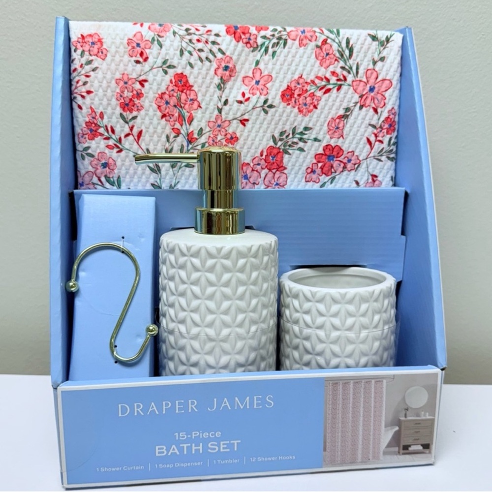 Draper James 15-Piece Bath Set Pink Floral Shower Curtain Soap Dispenser Tumbler